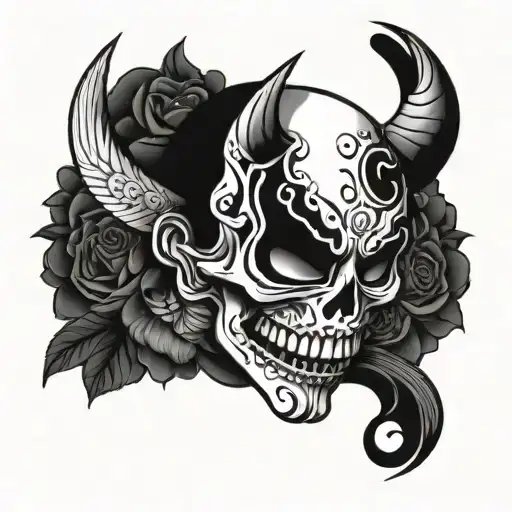 mexican skull death mask half hannya tattoo design idea