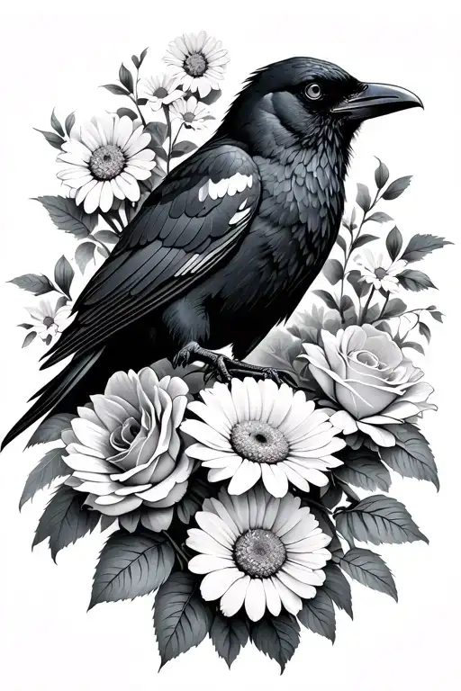 Crow with daisy, roses, and chrysanthemum flower tattoo design idea