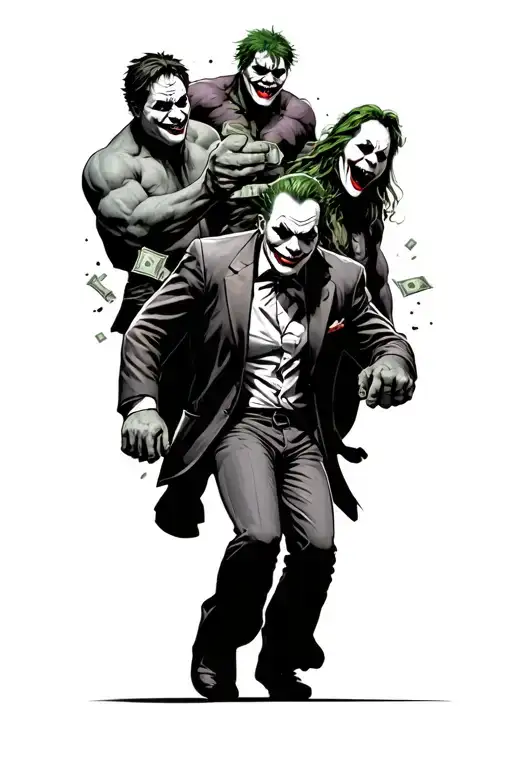 characters joker, hulk, chucky, & scream robbing a bank leaving in getaway car dropping cash tattoo design idea