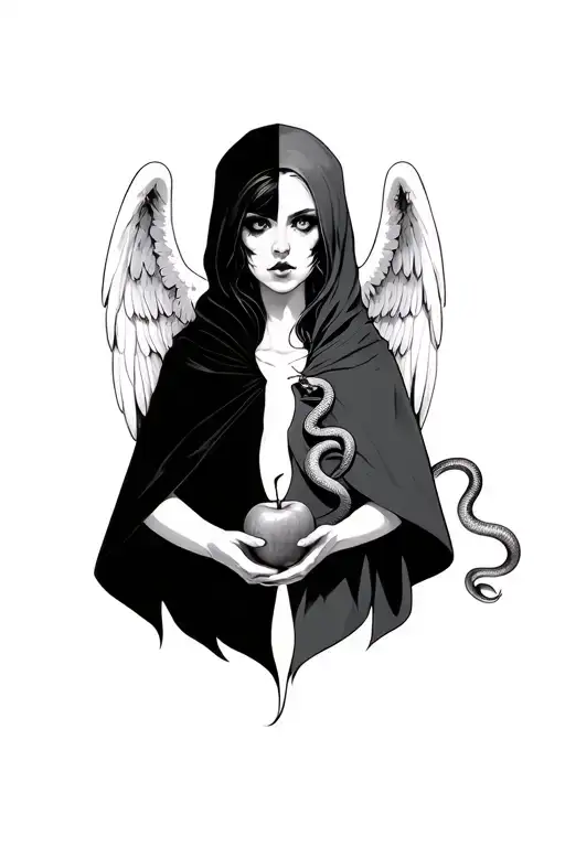 portrait style half angel half evil woman face wearing a cloak holding an apple with a snake behind her tattoo design idea