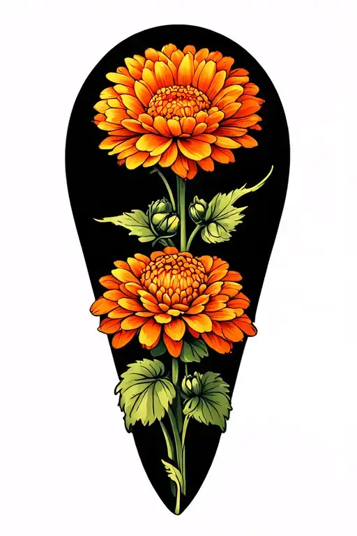 bishop chess piece with orange chrysanthemum flowers leaves and buds with line whisps tattoo design idea