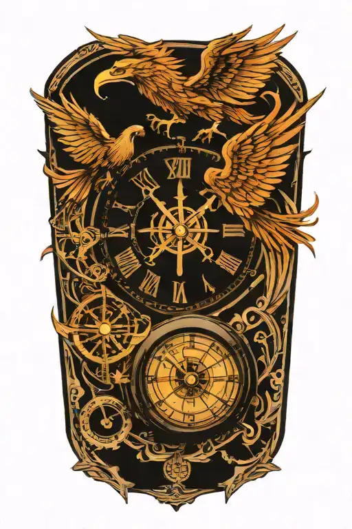 compass layered behind a clock representing the course for life over time. Overlapping is a Phoenix rising uo tattoo design idea