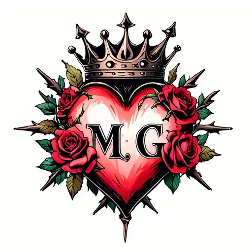 "M G" heart intertwined with roses and thorns, with a Gothic-style crown and Gothic lettering tattoo design idea