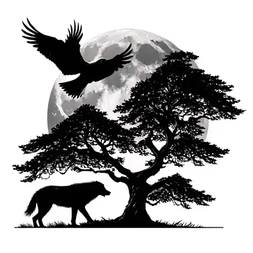 an tree with a big moon in the back ground, two raven flying, an black wolf with his head down walking under the tree tattoo design idea
