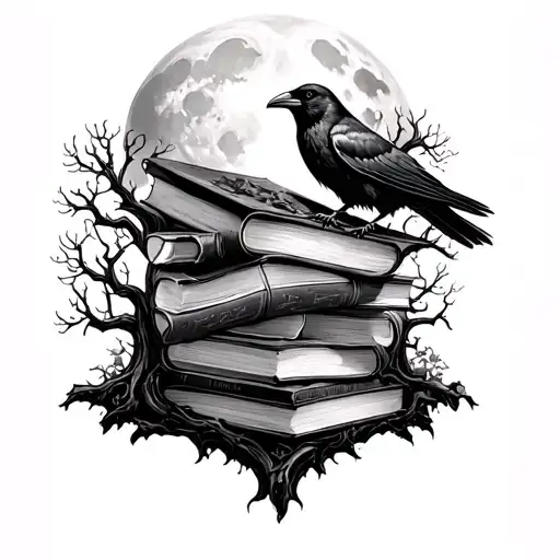 sleeve tattoo with crow on top of books surrounded by ghosts and dead trees on a cemetery and a full moon on top tattoo design idea