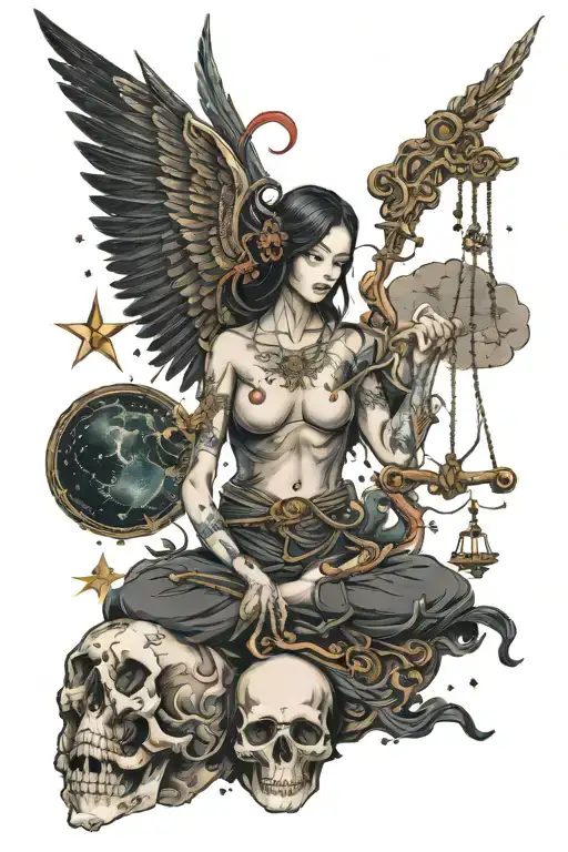 libra constellation, my attitude is either good/bad, with skull and angel wings tattoo design idea