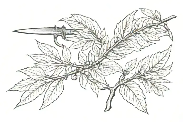 Combination of olive leaf and sword in reverse tattoo design idea