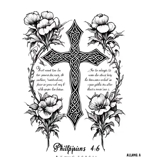 Phillipians 4:6 verse written Along with a  Celtic cross with opium aesthetic tattoo design idea