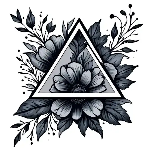 blackout triangle with colored floral tattoo design idea