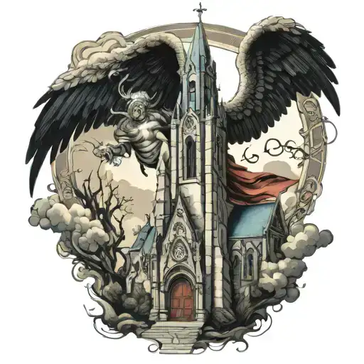 gothic style church with archangel Michael's prayer scripture tattoo design idea