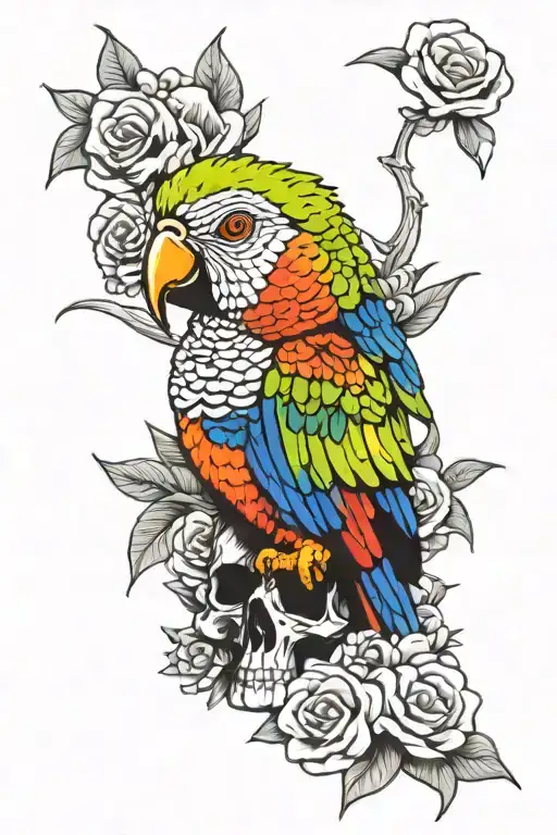 rainbow lorikeet standing on top of skull with flowers tattoo design idea