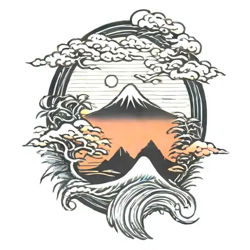 outrun sunset scene tattoo design idea