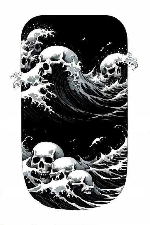 Japanese-style ocean waves, with faint, ghostly silhouettes of many skulls hidden within the water. tattoo design idea