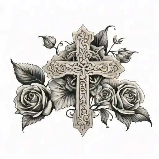thin cross psalm 23 flowers tattoo design idea