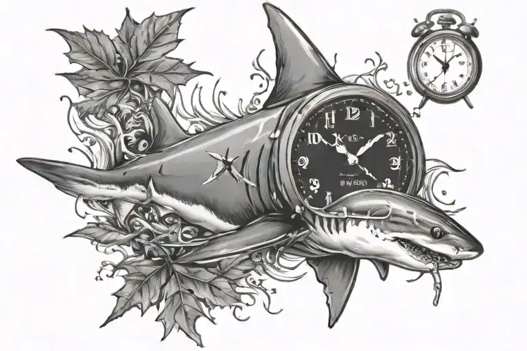 shark, clock, maple leaf, swimmer diving tattoo design idea