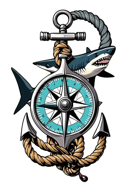 nautical compass boat anchor with rope wrapped and a shark behind  tattoo design idea