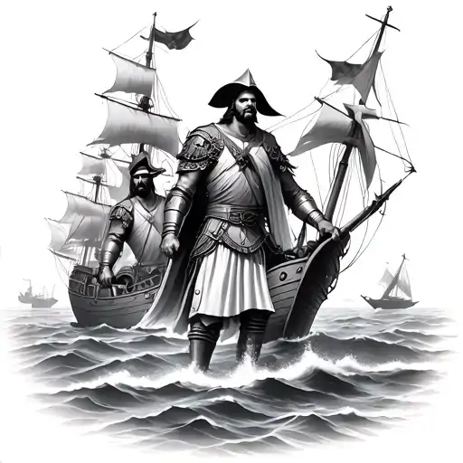 spanish conquistador and soldiers with ships and nautaical theme tattoo design idea