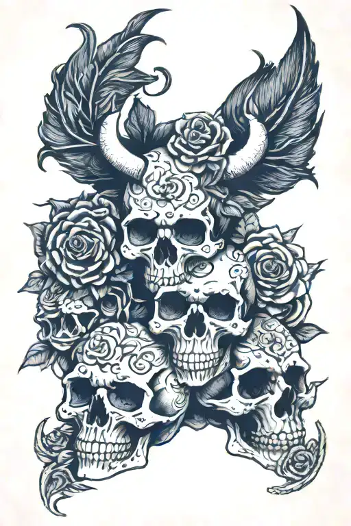 3 skulls stacked one with mandala one with rose one with horns tattoo design idea