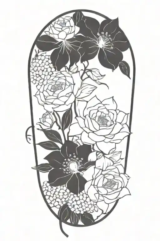 Continuous vine, wrapping, roses, daisies, lotuses, forget me nots, and peonies, simple tattoo design idea