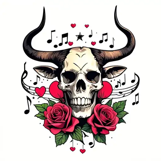 skull, stars, roses, hearts, music notes, Taurus  tattoo design idea