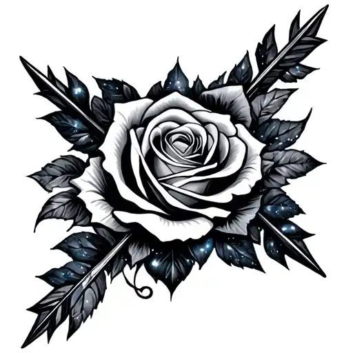 arrow and rose galaxy intertwined within tattoo design idea