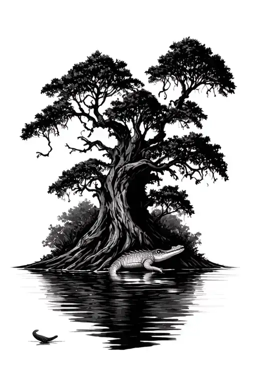 cypress tree in black water black shading with an aligator in the water a hootowl in the tree almost hidden  tattoo design idea