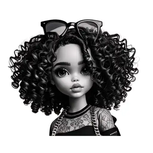 hyper realistic bratz with curly hair, gucci clothes & gucci bag , sunglasses on her head tattoo design idea