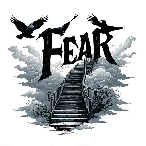 word fear , nothing lasts forever, birds and clouds and staircase  tattoo design idea