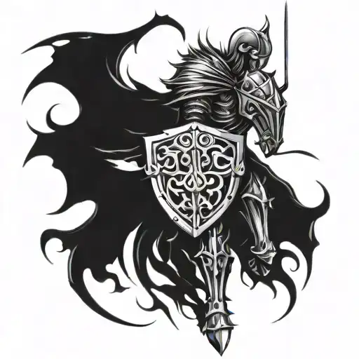 Draw me a cybersigilism style tattoo with a knight. Note that this gothic style contains thin lines. tattoo design idea