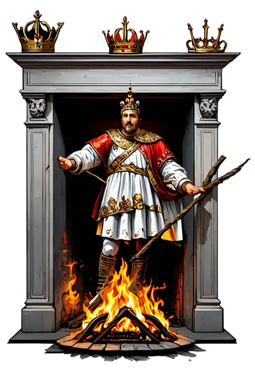 Croatian King Tomislav in a fire with a stick on the fireplace and a crown hanging from it tattoo design idea
