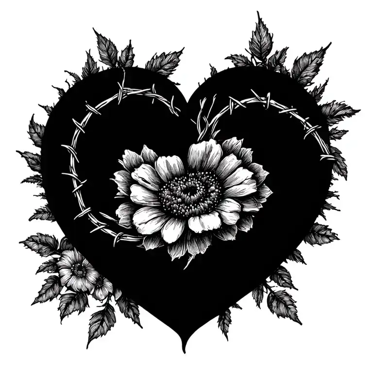 half flowers half barbed wire heart shape tattoo design idea