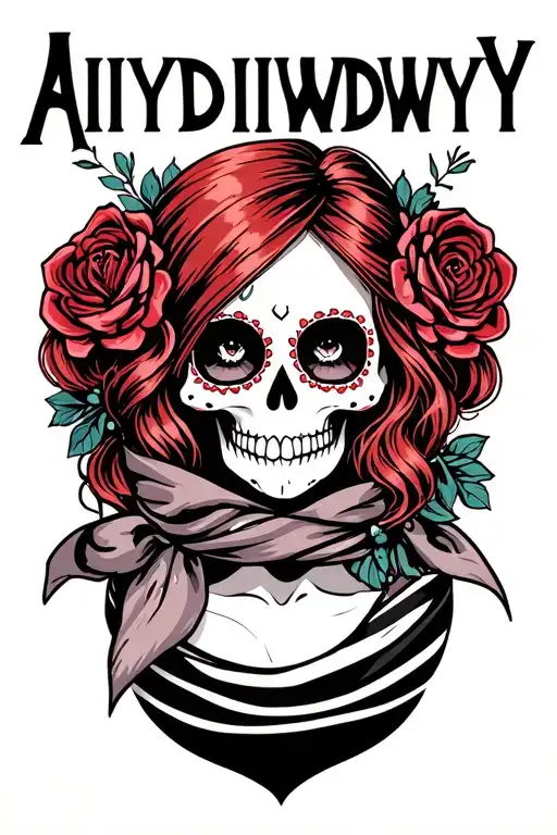 "AIYDIWDWY" sugar skull with red hair wearing a hair scarf tattoo design idea