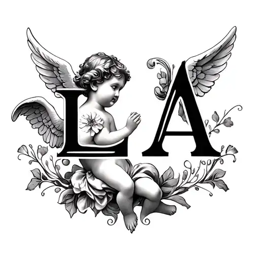 "Realistic black and white tattoo: the letters 'LA' in elegant serif or gothic font, a small cherub angel (realistic bab tattoo design idea