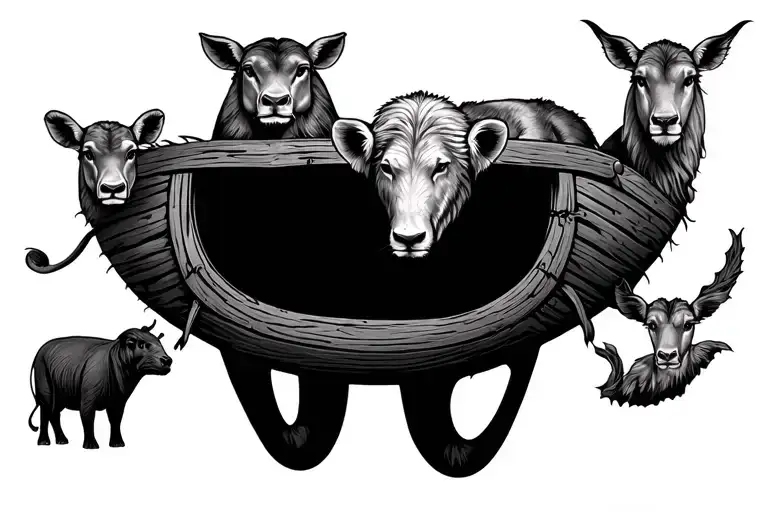 vertical Noah's ark themed tattoo with animals peeking tattoo design idea