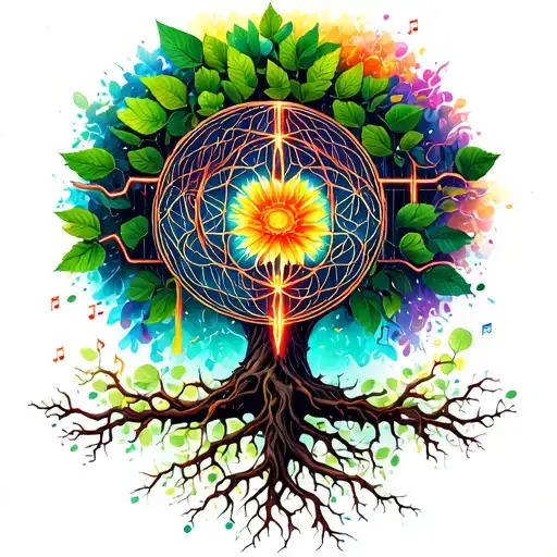 Tree EKG Line, Bunte Leaves, Roots Forming Musical Notes, Flower of Life in the background tattoo design idea