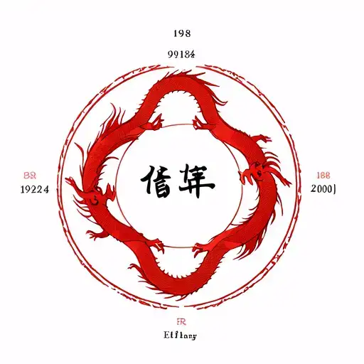THREE Chinese zodiac red dragons around a circle with the years 1928,1964,2000 and in the middle the kanji for family tattoo design idea