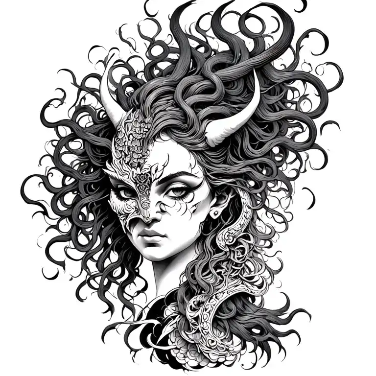 medusa goddess with oni mask tattoo design idea