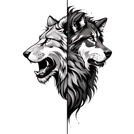 lion top half and a wolf bottom half sleeve tattoo tattoo design idea