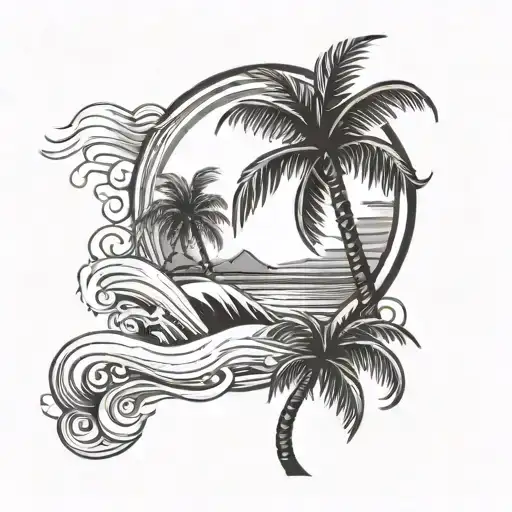Palm tree and sun with waves flowing tattoo design idea