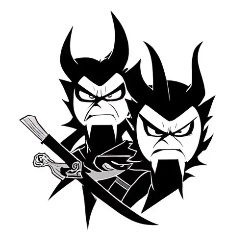 Create a tattoo design of Samurai Jack and Aku in the original cartoon style, using fewer colors. They are emerging out  tattoo design idea