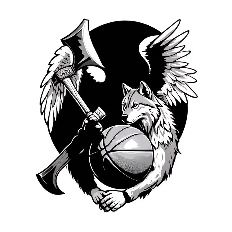 grey wolf with angel wings holding a indian tomahawk with a paw on a basketball tattoo design idea