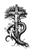 biblical cross and Adam and Eve at the tree of knowledge with the serpent  tattoo design idea