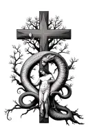 biblical cross and Adam and Eve at the tree of knowledge with the serpent  tattoo design idea