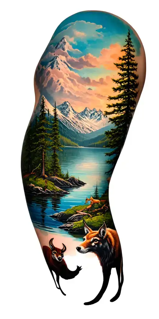 full sleeve color tattoo with a lake, mountains, pine tree and forest animals  tattoo design idea