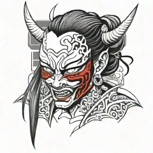 Woman black and white with oni mask split in half tattoo design idea