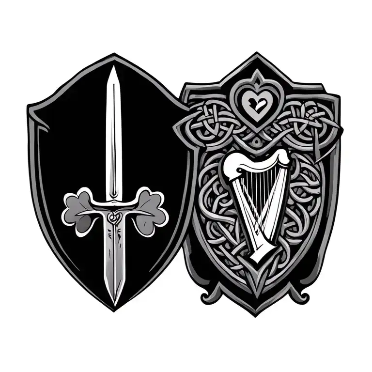 Celtic design ancient Irish warrior with sword and shield, 3 names on the shield . include shamrock, heart and harp  tattoo design idea