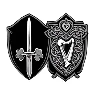 Celtic design ancient Irish warrior with sword and shield, 3 names on the shield . include shamrock, heart and harp  tattoo design idea