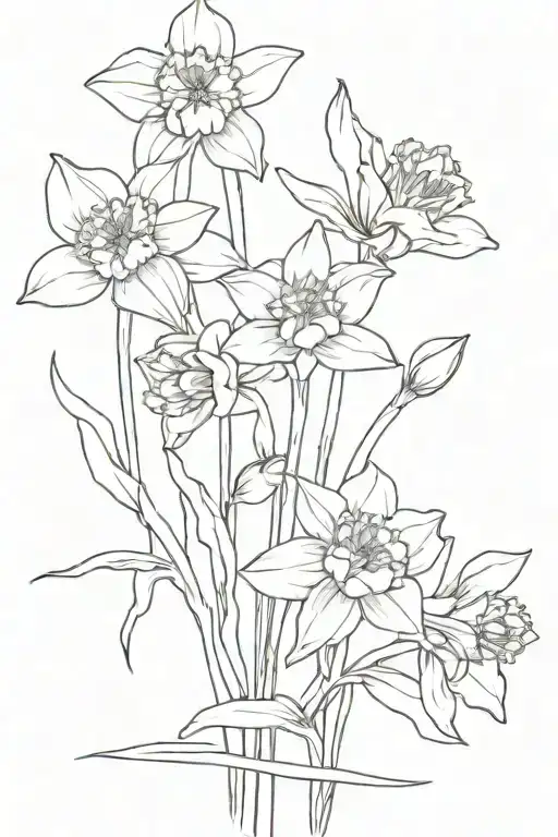 A bouquet of one daffodil, one daisy, and one poppy with a bow and other nature aspects tattoo design idea