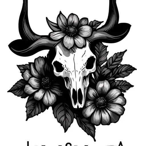 April, July, October, and November birth flowers with Steer Skull Head tattoo design idea