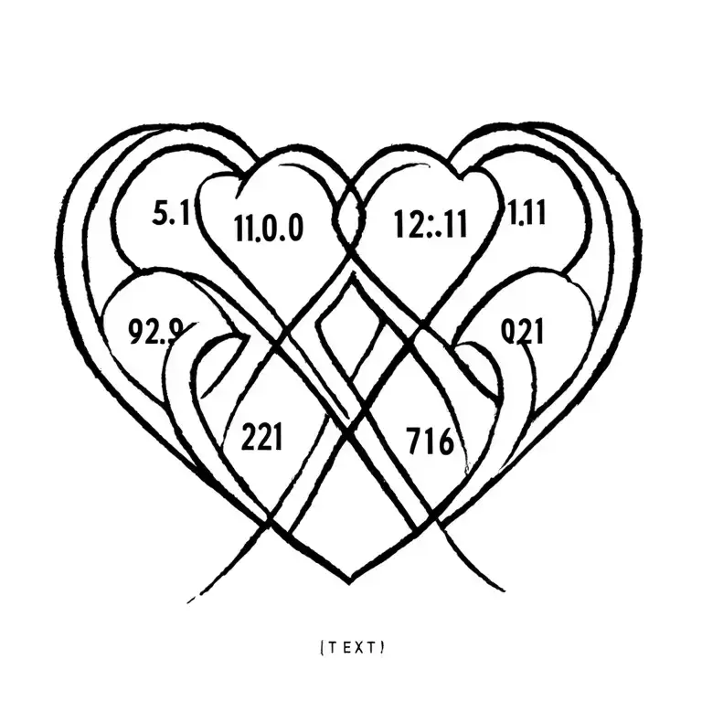 "5.10 11.11 12.2 9.21 7.16" infinity symbol 5 hearts with birthdates inside  tattoo design idea